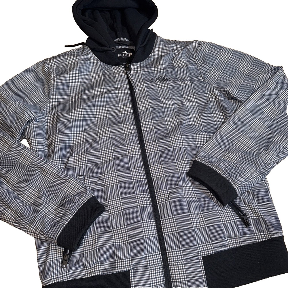 (176)HOLLISTER California Mens Plaid Hooded Bomber Jacket Size Lg